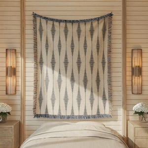 Woven Throw Blanket Black and White Waves: Modern Cotton Bedspread, Textured Fringed Edges | Durable, Cozy Dorm Decor, 3 Sizes