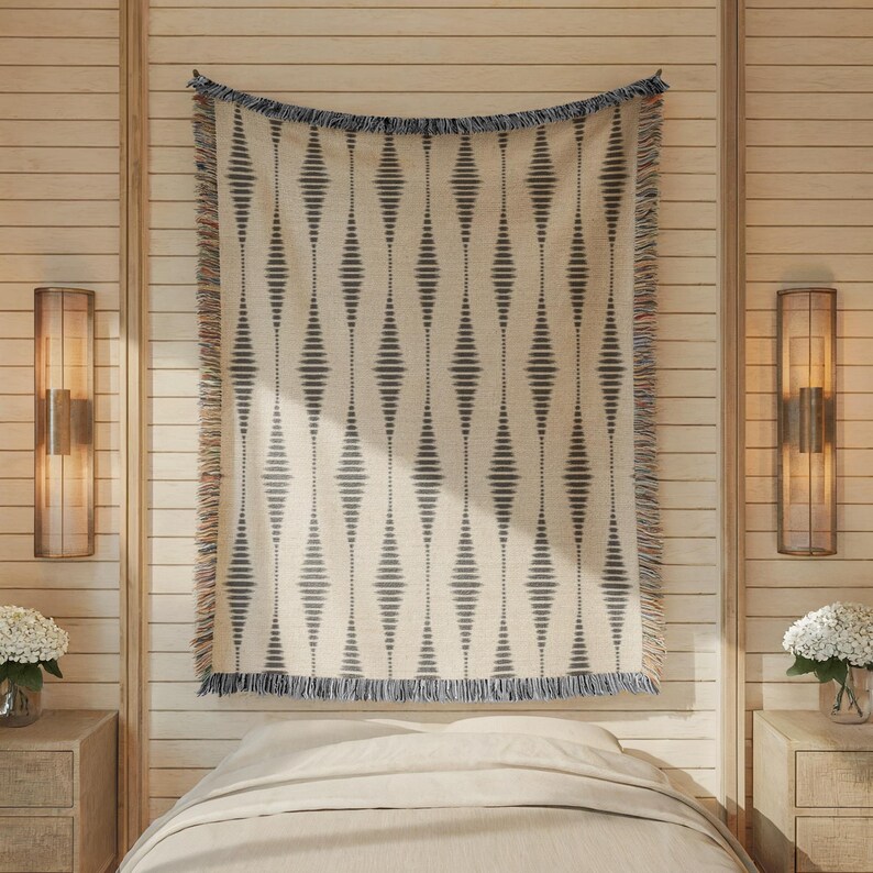 Woven Throw Blanket Black and White Waves: Modern Cotton Bedspread, Textured Fringed Edges | Durable, Cozy Dorm Decor, 3 Sizes