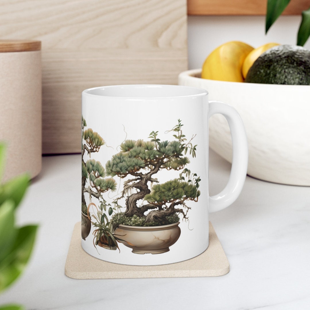 Pine Trees and Orchids Bonsai Design on White Coffee Mug Nature Lover's