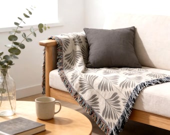 Subtle Pattern Throw Blanket, Neutral Leaf Pattern Woven Cotton, Cozy Movie Night Sofa Decor, Modern Boho Decor, New Home Gift -Customizable
