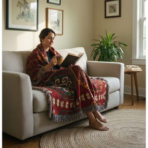 A woman sits comfortably on a couch, wrapped in a colorful blanket and reading a book. She holds a cup in her hand, suggesting she may be enjoying a warm beverage while she reads. The room has a cozy atmosphere, with a potted plant and framed pictures on the wall, creating a relaxing and inviting environment.