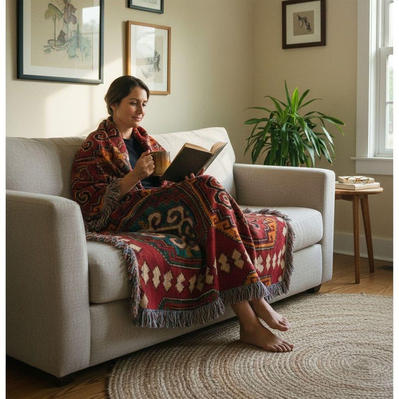 A woman sits comfortably on a couch, wrapped in a colorful blanket and reading a book. She holds a cup in her hand, suggesting she may be enjoying a warm beverage while she reads. The room has a cozy atmosphere, with a potted plant and framed pictures on the wall, creating a relaxing and inviting environment.