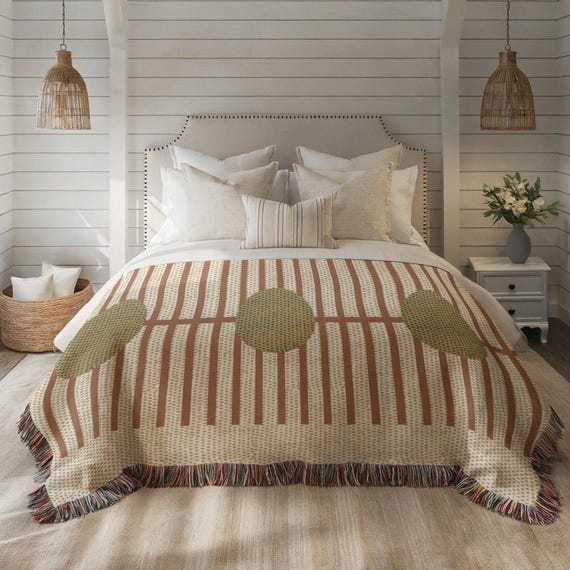 Woven Bed Throw Blanket, Rust Striped Cotton Coverlet, Olive Green Dot Pattern, Neutral Farmhouse Bedroom Decor - Customizable