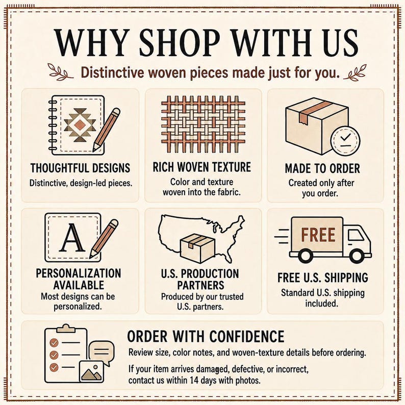 Why Shop With Us card describing original designs, woven texture, made-to-order production, personalization, shipping and help with order problems.