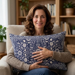Blue White Lumbar Pillow Anatolia Floral Kilim Cushion with Insert Long Sofa Accent for Boho Layered Living Room Decor - Customizable