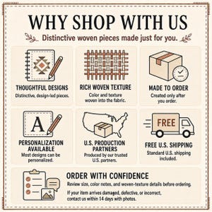 Why Shop With Us card describing original designs, woven texture, made-to-order production, personalization, shipping and help with order problems.