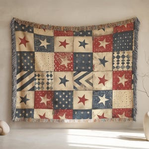 Americana Patchwork Wall Tapestry, Vintage Star Quilt Inspired Woven Wall Hanging, Rustic Farmhouse Cabin Textile Wall Decor