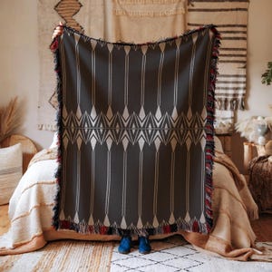 Minimalist Bedroom Decor - Cotton Bedding Throw Blanket - Black White Geometric Pattern, Woven, Cozy Layer