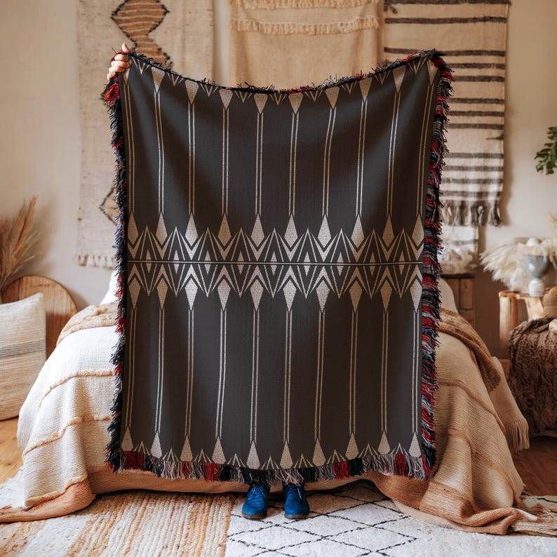 Minimalist Bedroom Decor - Cotton Bedding Throw Blanket - Black White Geometric Pattern, Woven, Cozy Layer