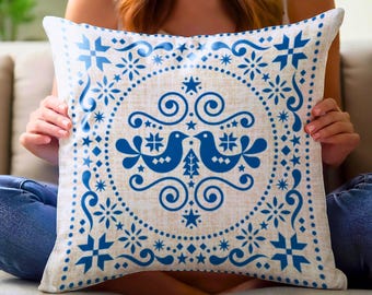 Blue Bird Cushion, Nordic Folk Pillow, Scandi Sofa Cushion, Woven Boho Throw, Swedish-Inspired Accent, Cozy Home Decor Gift, Rustic Charm