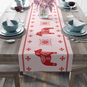 Dala Horse and Winter Star Table Runner, Nordic Christmas Table Decor, Scandinavian Festive Holiday, Hygge Dining Room Accent, Boho Mor Gift