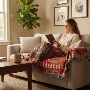 A woman is sitting on a couch, reading a book and wrapped in a colorful blanket, with a coffee mug and a plant nearby.