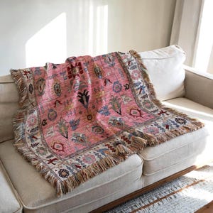 Boho Woven Throw Blanket, Turkish Rug Inspired  Pink and Beige Cotton Sofa Throw, Textured Couch Accent, Living Room Statement Textile