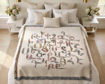 Woven Throw Blanket With Armenian Birds Alphabet, Tashnagir Cotton Cozy Armenian Home Decor, Cultural Bedspread, Heritage Home Gift - Custom