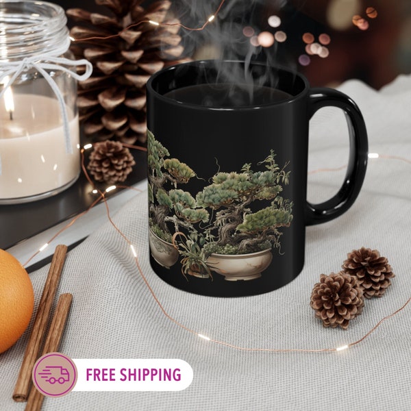 Personalized Pine Trees Bonsai Black Mug Customizable Coffee Cup for Plant Enthusiasts Mountain-inspired Rustic Drinkware for Zen Home Decor