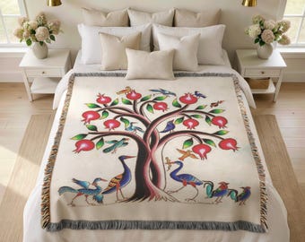 Armenian Pomegranate Tree Of Life Blanket, Ivory Woven Cotton Throw, Fringed Boho Bedspread
