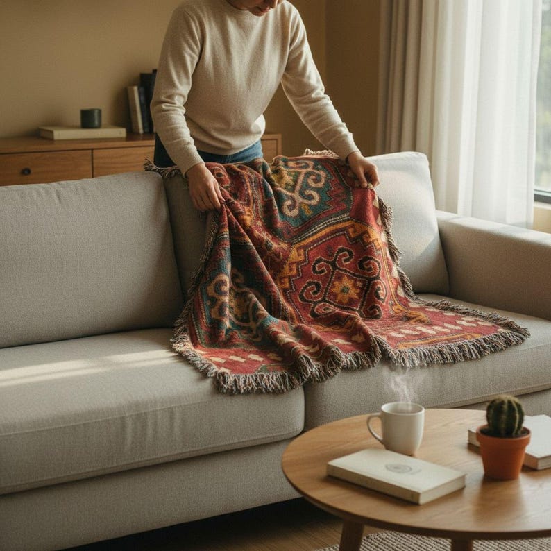 A person is sitting on a couch, holding a colorful, patterned blanket. The couch is positioned in front of a window, and there is a coffee table with a book and a small potted plant nearby.
