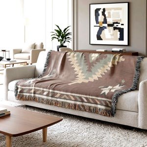 Woven Couch Throw, Sage Rust Pattern Western Blanket, Rustic Statement Sofa Textile, Cozy Seating Look Cabin Accent