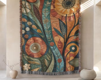 Cotton Woven Wall Tapestry, Abstract Botanical Textile Wall Art, Earthy Boho Floral Wall Hanging, Art Nouveau Decor - Customizable
