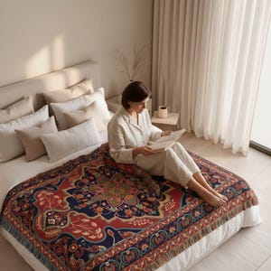Blue Red Bed Throw Blanket Anatolian Kilim Inspired Woven Textile Colorful Coverlet for Boho Layered Bedroom - Customizable