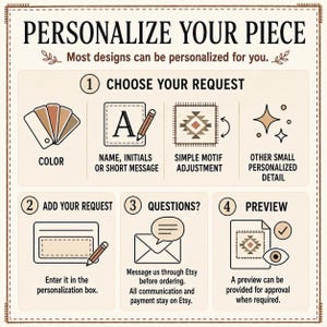 a message that encourages personalizing a piece of clothing, stating that most of their designs can be customized, and that the request can be made in the personalization box. It also mentions that a preview can be provided for approval when needed.