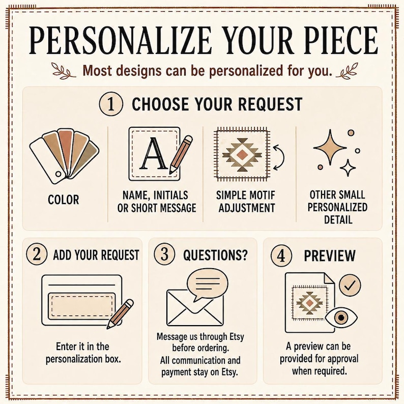 a message that encourages personalizing a piece of clothing, stating that most of their designs can be customized, and that the request can be made in the personalization box. It also mentions that a preview can be provided for approval when needed.