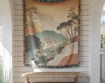 Cotton Woven Wall Tapestry, Botanical Landscape Textile Wall Art, Japandi Boho Floral Wall Hanging, Earthy Nature Decor - Customizable
