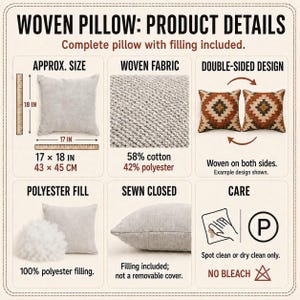 Woven pillow product details card showing a filled geometric cushion, woven fabric, seam closure, filling and spot-cleaning guidance.