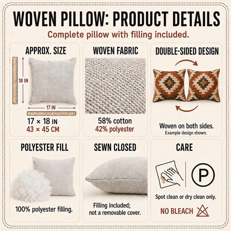 Woven pillow product details card showing a filled geometric cushion, woven fabric, seam closure, filling and spot-cleaning guidance.