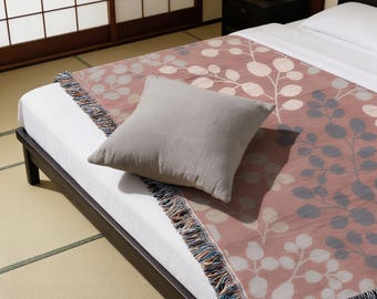 Japanese Throw Set, Floral Woven Cotton Blanket with Pillow, Modern Home Decor - Customizable