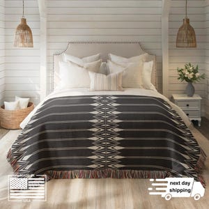 Geometric Bedding Black White Throw, Textured Coverlet Cotton Bed Throw, Minimalist Bed End Accent for Modern Bedroom - Customizable