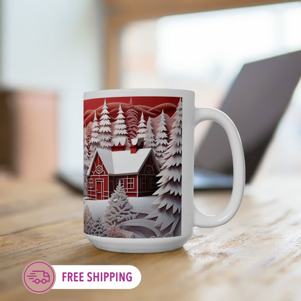 Large White Mug with Papercut 3D Red and White Winter Landscape  Whimsical Cottages – Pop Boho Shabby Chic Style Delight - Gift for BFF