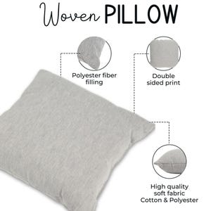 The image is a product description for a gray woven pillow. It features a close-up view of the pillow, highlighting its features such as the polyester fiber filling and the double sided print. The pillow is described as having high quality soft fabric cotton and polyester.