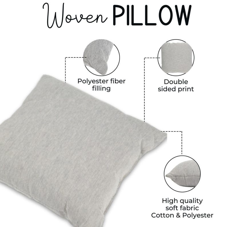 The image is a product description for a gray woven pillow. It features a close-up view of the pillow, highlighting its features such as the polyester fiber filling and the double sided print. The pillow is described as having high quality soft fabric cotton and polyester.