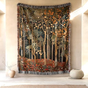 Art Nouveau Forest Woven Wall Tapestry, Woodland Textile Art Decor – Customizable