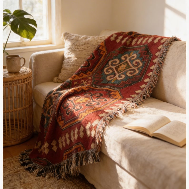 a cozy living room scene with a vibrant, patterned throw blanket draped over a beige sofa, an open book on the armrest, and a potted plant nearby.
