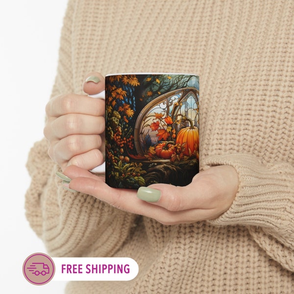 Thanksgiving Pumpkin Patch Latte Mug Fall Harvest Delight Stained Glass Pumpkin Design Halloween Mug Cozy Up with Autumn Vibes Gift for Mom