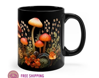 Cozy Autumn Black Chai Latte Mug with Earthy Cottagecore Mushrooms Unique Gift for Nature Lovers Fall Tea Cup with Earth Tone Mushrooms