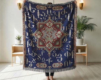Armenian Alphabet Throw Blanket, Haykakan Heritage Home Decor, Haykakan Family Gift, Bed or Sofa Cover - Customizable