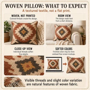 Woven pillow texture guide comparing a geometric cushion in a room with thread close-ups and softer woven colors.