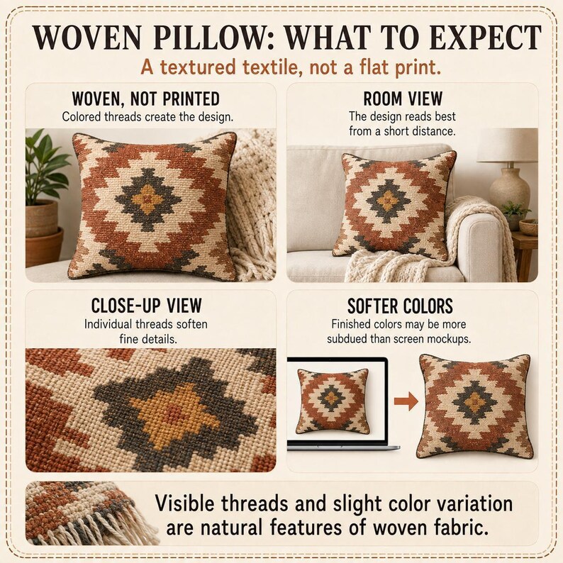 Woven pillow texture guide comparing a geometric cushion in a room with thread close-ups and softer woven colors.
