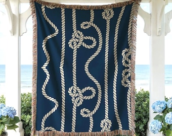 Marine Woven Blanket Nautical Cord Throw - Coastal Home Decor, Fringed Edge Blanket, Cotton Fabric, Beach Use - Customizable