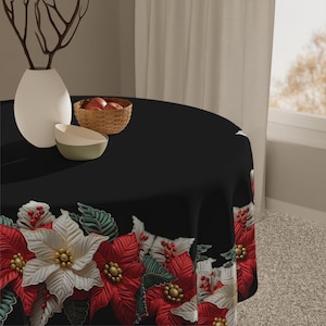Holiday Tablecloth, Christmas Decoration, Green Red Decor, Poinsettia Patterned Linen, Seasonal Party Essential, Classic Vintage Table Cover