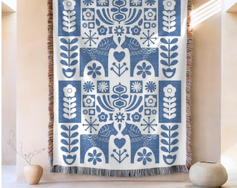 Blue Dala Horse Cotton Tapestry, Scandinavian Folk Art Throw Blanket, Nordic Bedding, Hygge Home Decor, Rustic Couch or Bed Accent