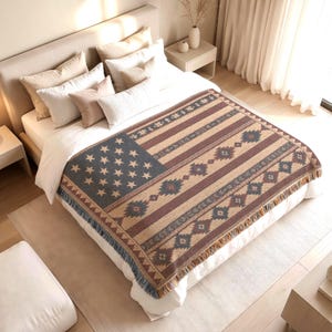 Woven Flag Blanket Americana Quilt Look, Brick Red Navy Star Stripe Throw, Rustic Sofa Throw, Western Style Decor, Ranch House Decor