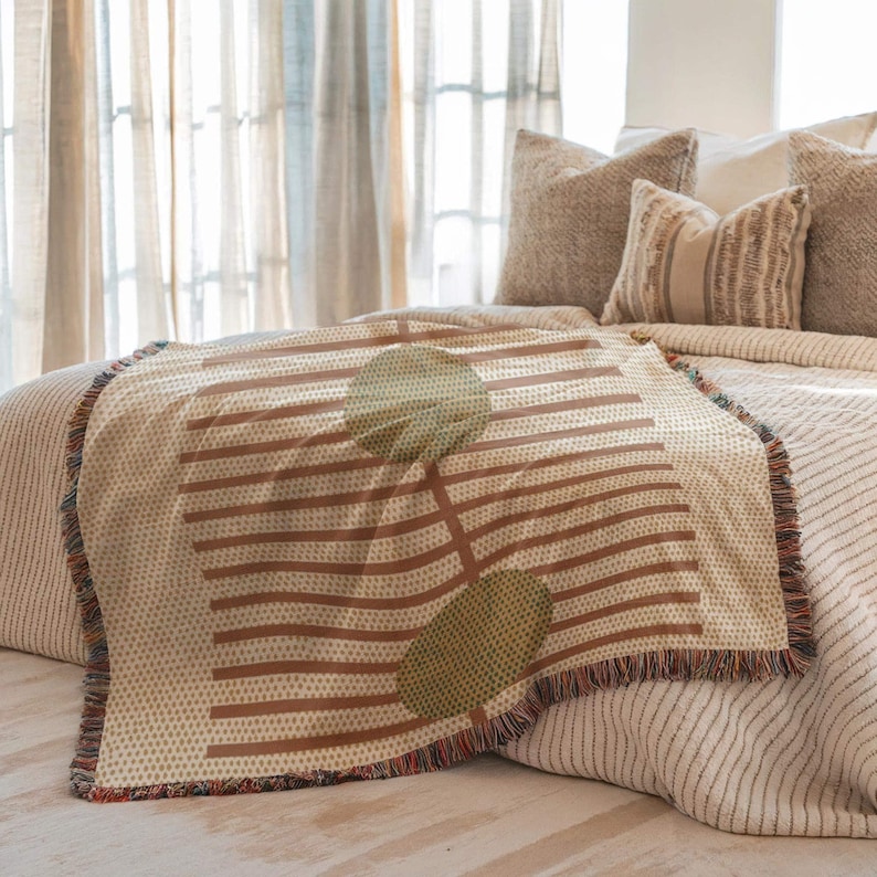 Woven Blanket Throw - Midcentury Modern Couch Accent - Rust Stripes Green Dot Pattern, Cotton, Cozy Home Decor