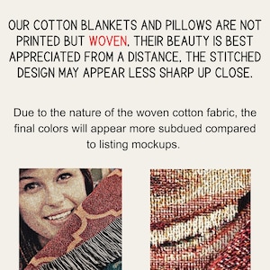 The image is a collage of two images, one depicting a woman's face and the other showing a close-up of a woven fabric. The text above the images states that the cotton blankets and pillows are not printed but woven, and their beauty is best appreciated from a distance, the stitched design may appear less sharp up close.