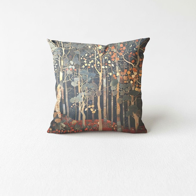 A square throw pillow with a forest scene design featuring trees, foliage, and a colorful background.