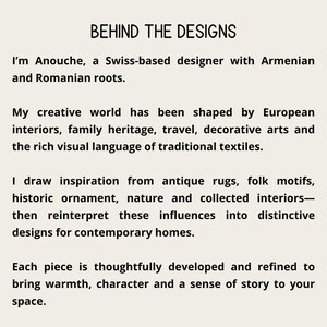 Behind the Designs card introducing Anouche, a Swiss-based designer with Armenian and Romanian roots, and the cultural influences behind her artwork.