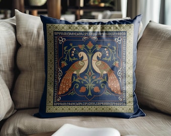 Armenian Alphabet Pillow Cover, Green And Cream Peacocks And Letters, Boho Pillow Decor, Custom Text Pillow